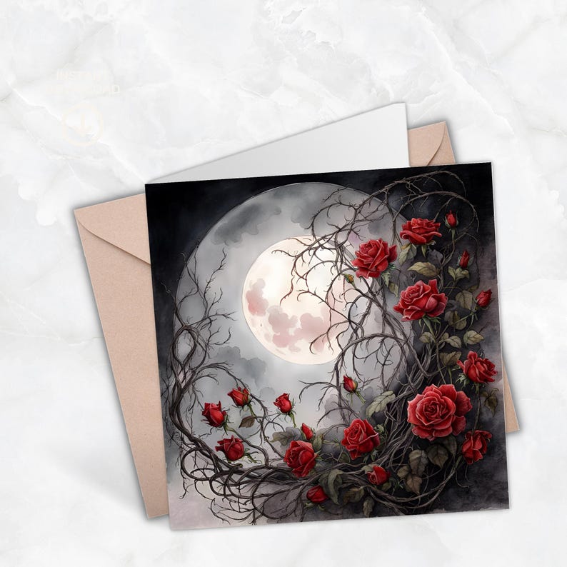 Moon & Roses Greeting Card –illustrated Blank Birthday Card, Art Card ...