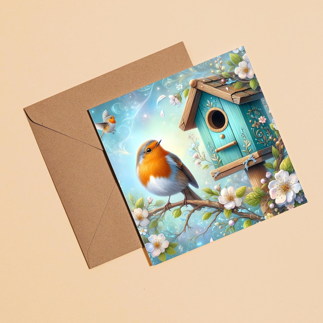 Floral Robin Greeting Card – Illustrated Blank Birthday Card, Kraft ...