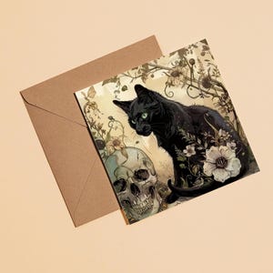 Carte de voeux gothique chat noir - Tête de mort et art floral de sorcière - Papeterie esthétique occulte pour Halloween, un anniversaire ou un cadeau effrayant