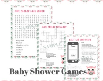 Baby Shower Games, Pink Printable Baby Shower Games, Pink Owl, Fun Games for Baby Shower, 14 Baby Shower Games Bundle