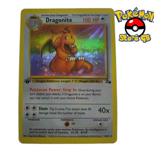 Dragonite Holo 4/62 Rare Fossil Base Set Pokemon Card 1999 First Edition