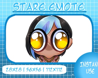 Op de afbeelding: Een cartoonillustratie van een persoon met blauw en zwart haar, bruine huid en grote gele ogen. De persoon kijkt rechtstreeks naar de kijker. De afbeelding is gelabeld "Stare Emote" en bevat de maten 28x28, 56x56 en 112x112. De afbeelding bevat ook de tekst "Instant Use".
