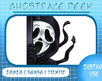 Op de afbeelding: Digitale illustratie van het Ghostface-personage uit de Scream-franchise die achter een donker oppervlak vandaan gluurt. De afbeelding toont een wit masker met zwarte oogkassen en mond, een zwarte capuchon en zwarte handschoenen. De tekst "GHOSTFACE PEEK" staat bovenaan.