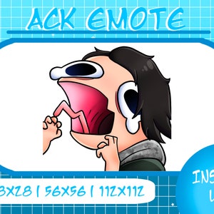 May include: A cartoon illustration of a person with a surprised expression, wide open mouth, and large eyes. The person is wearing a gray jacket and has dark hair. The image is labeled "ACK EMOTE" and includes the sizes "28x28", "56x56", and "112x112".