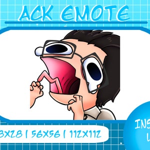 May include: A cartoon illustration of a person with wide eyes and an open mouth, wearing glasses and a white shirt. The person is making a surprised expression. The image is labeled "ACK EMOTE" and includes the text "28X28 | 56X56 | 112X112" and "INSTANT USE".