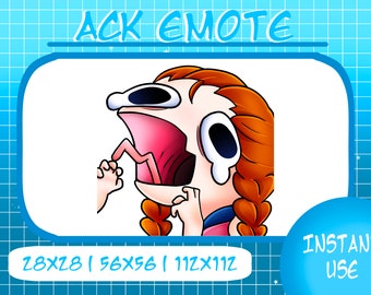 May include: A cartoon illustration of a person with red hair and a pink shirt, with a wide open mouth and large eyes, looking surprised and scared. The person is holding their own foot in their hand. The image is labeled "ACK EMOTE" and has the dimensions "28X28 | 56X56 | 112X112".