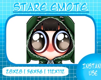 May include: A cartoon character with large eyes and a green hooded cloak. The character is staring directly at the viewer. The text "STARE EMOTE" is at the top of the image. The text "28X28 | 56X56 | 112X112" is at the bottom of the image. The text "INSTANT USE" is in the lower right corner of the image.