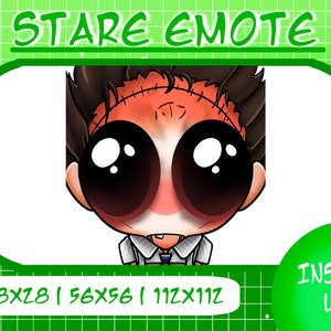 May include: A cartoon character with large eyes and a stitched-up face. The character is wearing a white shirt with a blue tie. The image is labeled "Stare Emote" and has the dimensions 28x28, 56x56, and 112x112.