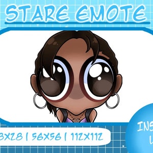 May include: A cartoon illustration of a person with large eyes, brown skin, and brown hair. The person is wearing a purple tank top with a silver necklace and earrings. The image is labeled "Stare Emote" and includes the sizes 28x28, 56x56, and 112x112. The text "Instant Use" is also included in the image.