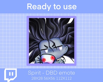 May include: A digital illustration of a cartoon character with long black hair, wearing a white shirt and holding a teacup with red flowers. The character has a serious expression and is looking to the right. The background is a light blue grid pattern. The text "Spirit - DBD emote" is below the image. The text "28X28 56X56 112X112" is below the text "Spirit - DBD emote".