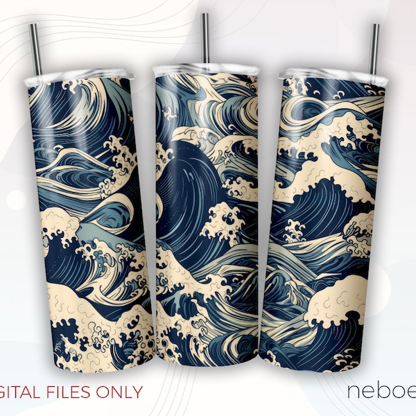 Japanese Waves Tumbler Sublimation, Skinny 20oz Tumbler Wrap, Seamless Wrap Tapered Straight Template, Digital Download PNG