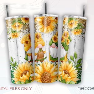 Sunflower Gnomes Tumbler Wrap, 20oz Skinny Tumbler, Digital Download PNG, Sublimation Design, Seamless Tumbler Template