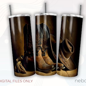 Cowboy Boots And Hat Tumbler Wrap, Western Design, Skinny 20oz Tumbler, Digital Download PNG, Seamless Wrap Tapered Straight Template