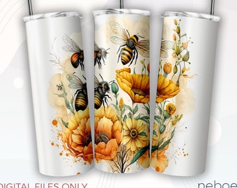 Bee 20 oz skinny tumbler sublimation design Floral honey bee Flower digital PNG Straight and Tapered wrap Waterslide download