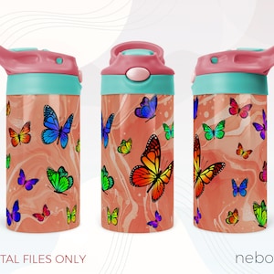 12 oz Flip Top Kids Water Bottle Wrap, Butterfly wrap png Sublimacja dzieci Design PNG Pobieranie cyfrowe