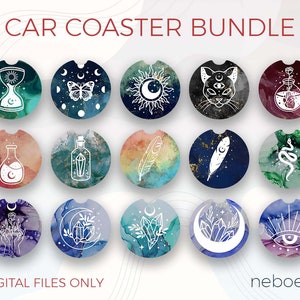 May include: A set of 16 digital files for printable car coasters featuring a variety of mystical and celestial designs. The designs include an hourglass, butterfly, sun and moon, cat, potion bottle, feather, snake, crystals, and an eye. The coasters are in a variety of colors, including blue, green, purple, and pink.
