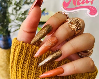 Druk op nagels | Nagels lijmen | Stiletto terracotta en koperen glitternagels | Lang | Middel | Gelnagels | Herbruikbare nagels