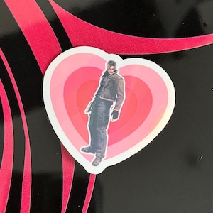 adesivo in vinile olografico Leon Kennedy con cuore regalo carino per giocatori re4 re2 gaming umbrella corp kawaii