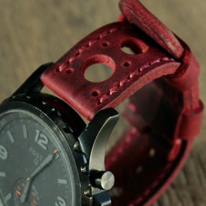 Handmade Leather Racing Watch Strap - customized Ruby red distressed Vintage Style replacement bracelet