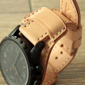 Handcrafted Veg Tan Leather Bund Watch Strap - Full Grain Cuff 22mm 24mm 26mm