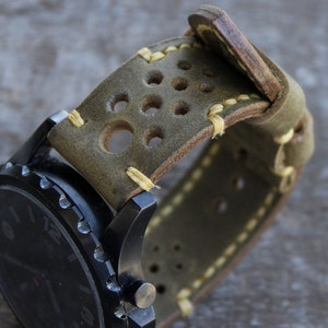 Real Leather Watch Strap Moss green Yellow Men&#39;s Watch band 22mm 24mm 26mm Custom size Rally perforated Strap