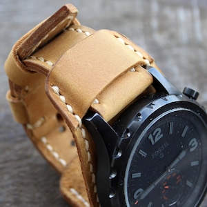 Full Bund Watch Strap Handmade yellow tan Cuff band Full Grain leather Beige watches band vintage rustic bracelet customizable