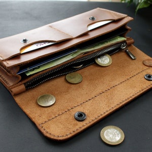 Cartera de piel auténtica Cartera continental larga para mujer Cartera de piel auténtica hecha a mano Organizador de viaje grande Bolso con cremallera marrón personalizable