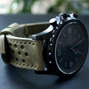 Real Leather Watch Strap Moss green army Men's Watch band 22mm 24mm 26mm Custom size Rally perforated Strap