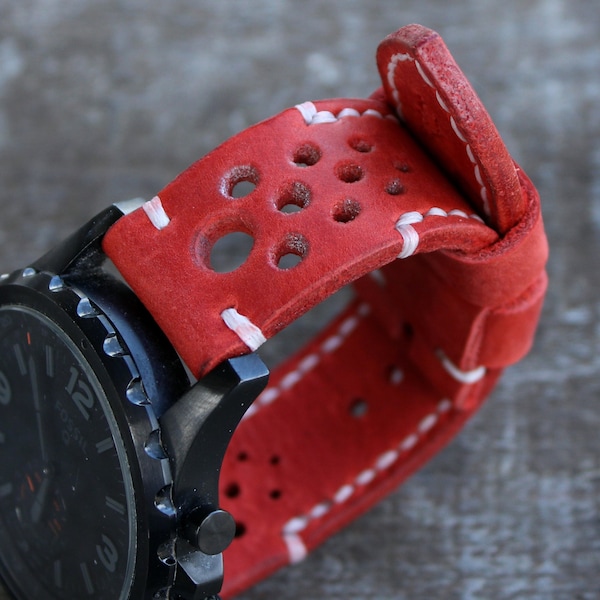 Bracelet de montre en cuir véritable, rouge et blanc, bracelet de montre pour hommes, 22mm, 24mm, 26mm, taille personnalisée, bracelet perforé de rallye