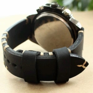 Cinturino per orologio in pelle nera fatto a mano: punto beige personalizzabile, 20 mm-26 mm