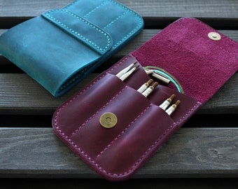 Real Leather interchangeable knitting needle case small folding project bag Handmade Knitting Needle Organizer Circular Needles Personalized