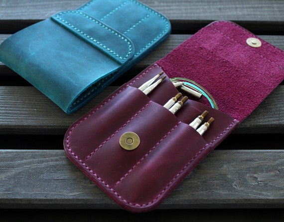 Real Leather interchangeable knitting needle case small folding project bag Handmade Knitting Needle Organizer Circular Needles Personalized