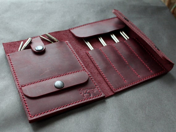 Leather knitting needle holder case, sapphire