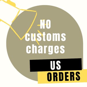 May include: A graphic with a megaphone illustration and text that reads "No customs charges US orders" on a white background. The text is in a bold, sans-serif font, with the words "US ORDERS" in a black rectangle and yellow banner.