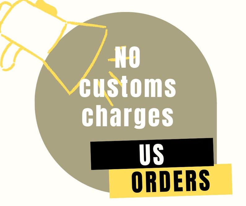May include: A graphic with a megaphone illustration and text that reads "No customs charges US orders" on a white background. The text is in a bold, sans-serif font, with the words "US ORDERS" in a black rectangle and yellow banner.