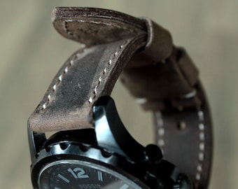 Cinturino per orologio in pelle fatto a mano: marrone caffè con filo dorato