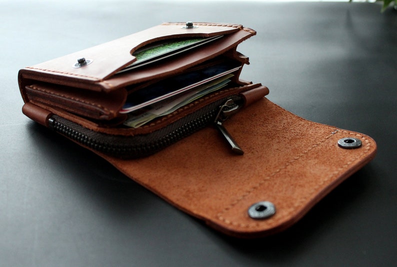 Real Leather wallet Small wallet Personalized wallet Front pocket wallet men wallet card wallet leather coin purse handmade Brick Brown image 3
