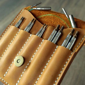 Real Leather interchangeable knitting needle case 5 pairs small folding project bag Handmade Knitting Needle Organizer Circular Personalized