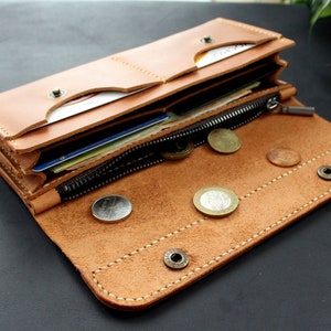 Cartera de piel auténtica en varios colores, larga, estilo continental, hecha a mano, personalizable, color tostado, marrón claro, elegante, organizador de viaje.
