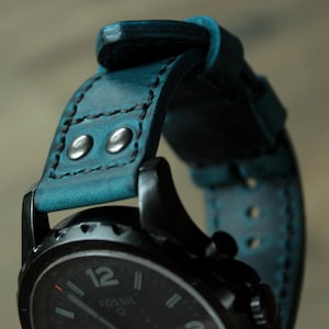 Pilot Watch Strap distressed leather rivet aviator band blue Men&#39;s 22mm 24mm 26mm 28mm fully customizable vintage style rustic bracelet
