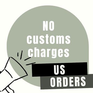 May include: An illustration with a megaphone and text. The text reads "NO customs charges / US ORDERS" in white letters against a gray and black background. The megaphone is white with black accents.