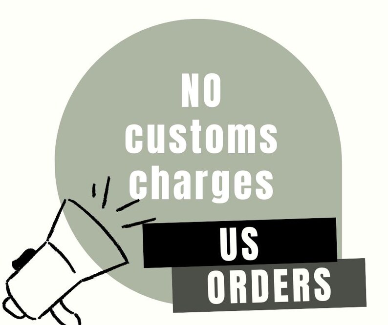 May include: An illustration with a megaphone and text. The text reads "NO customs charges / US ORDERS" in white letters against a gray and black background. The megaphone is white with black accents.