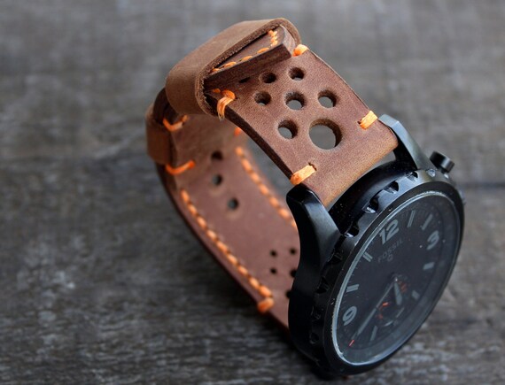 Handmade Leather Rally Watch Strap - Brown Orange Perforated Band