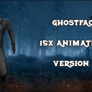 May include: A digital illustration of Ghostface, a horror movie character, wearing a black hooded robe and a white mask with a scream face. The text "Ghostface 1SX Animations Version 2" is displayed in white letters on a dark blue background.