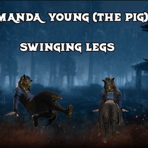 Op de afbeelding: Twee figuren met varkensmaskers en donkere kleding staan in een donker, regenachtig bos. De tekst "Amanda Young (The Pig) Swinging Legs" wordt boven hen weergegeven.