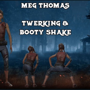 May include: Image featuring the text "MEG THOMAS" above "TWERKING & BOOTY SHAKE". The image shows a woman in a red vest and blue jeans in three different poses, with a dark, rainy forest background.