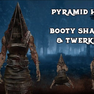 Könnte beinhalten: Ein Videospielcharakter, Pyramid Head, aus dem Spiel Dead by Daylight, wird in einer dunklen Waldkulisse gezeigt. Der Charakter trägt einen großen, spitzen, metallenen Kopfbedeckung und eine braune, zerfetzte Robe. Der Text "Pyramid Head" und "Booty Shaking & Twerking" wird über dem Charakter angezeigt.