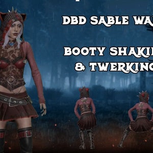 Puede incluir: Un personaje de videojuego que lleva un atuendo rojo con capucha, una falda negra y botas. El personaje está de pie en un entorno de bosque. El texto "DBD Sable Ward Booty Shaking & Twerking" se muestra sobre el personaje.