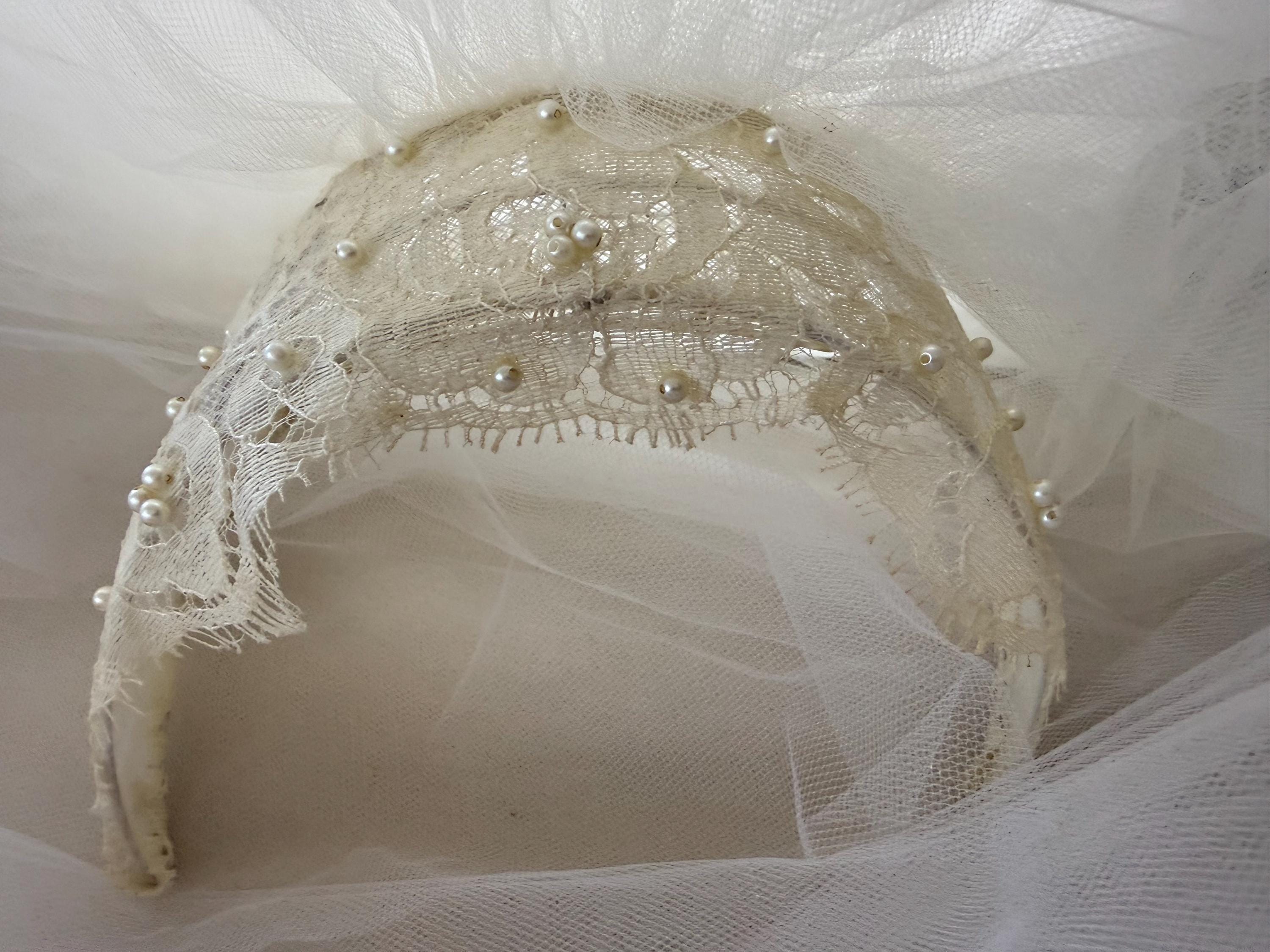 Vintage French White Ivory Lace Tulle Bridal Hat Pearls Rhinestones Veil 80s 90 90s Wedding Veil - Etsy main image 2