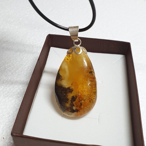 Genuine Baltic Amber pendant necklace natural Baltic Amber jewelry necklace for her wife love jewelry gift milky Amber fossilised plants